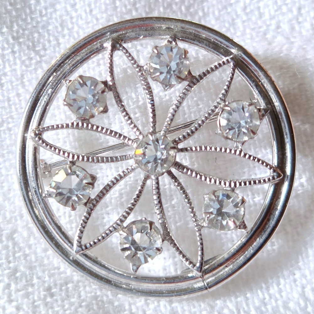 Carl Art Vintage Brooch Sterling Silver Rhinestone Floral Unique Circle Pin